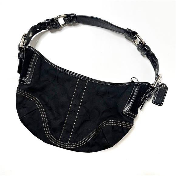 Coach Signature Mini Black Canvas Leather Hobo Shoulder Bag - Picture 2 of 14